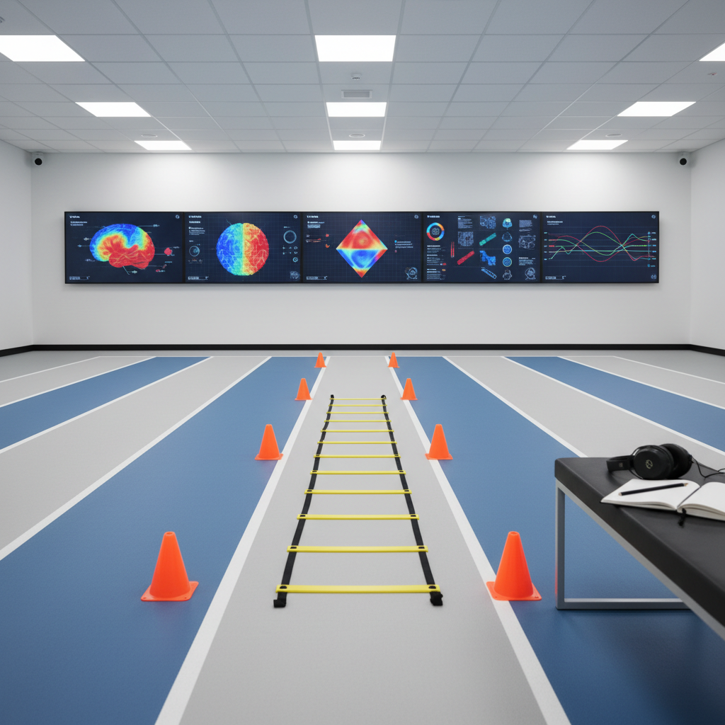 A meticulously organized elite training facility with an indoor sprint track, agility ladder, and neatly arranged cones, all empty of athletes. Along one wall, several large digital screens display colorful, abstract heat maps and non-text performance visualizations, hinting at cognitive and mental focus metrics. A pair of noise-cancelling sport headphones and a simple, unbranded training journal rest on a bench, symbolizing mental preparation. Bright, diffused overhead lighting creates crisp, natural shadows and vibrant colors. Captured in photographic realism from a slightly elevated wide-angle perspective, the composition uses leading lines of the track to draw the eye toward the analysis screens. The atmosphere feels energetic yet controlled, emphasizing scientific, evidence-based sports psychology supporting physical training.