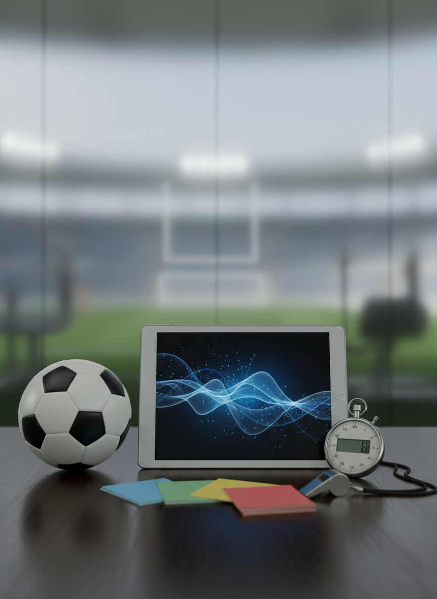 A close-up, photographic realistic still life of sports psychology tools arranged on a dark wooden table: an unmarked tablet showing abstract brainwave-like curves, a clean stopwatch, a whistle, several color-coded blank index cards, and a simple, unlogoed ball representing team sports. Behind them, a frosted glass wall subtly reveals out-of-focus silhouettes of a stadium and training equipment shapes, without any identifiable people. Soft studio lighting from the side creates gentle highlights and a shallow depth of field, bringing crisp detail to the objects while blurring the background into smooth bokeh. The mood is calm, precise, and analytical, suggesting structured mental training, focus strategies, and performance routines in a clean, modern, professional aesthetic.