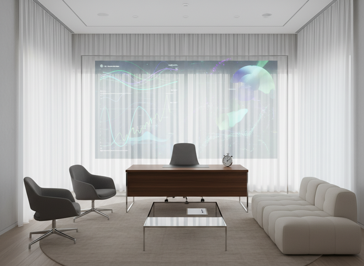 A high-end professional consultation room designed for sports psychology, with a sleek wooden desk facing a large transparent display filled with abstract performance graphs and brainwave patterns instead of written text. Two modern ergonomic chairs and a plush neutral-toned sofa form a conversational triangle around a low glass coffee table holding a single stopwatch and a clean, unmarked clipboard. Soft daylight filters through tall sheer curtains, casting gentle, calming shadows on smooth light-gray walls. Photographic realism from an eye-level angle, with sharp focus throughout and a clean, modern aesthetic. The mood is professional, focused, and reassuring, subtly suggesting evidence-based mental training without showing any people or readable text.